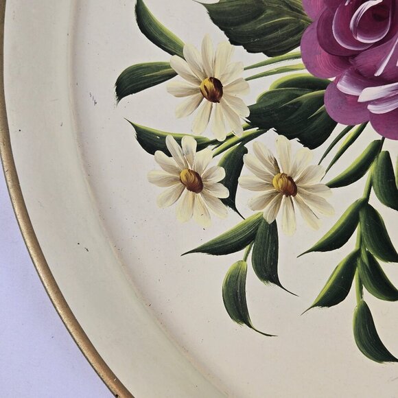Tole by Pilgrim Art Large Round Metal Tray Roses and Daisy Pattern Gold Rim - Picture 6 of 15